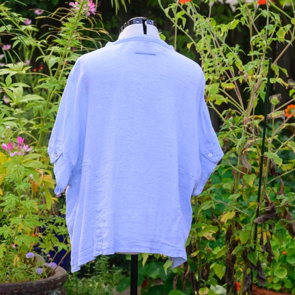 Poetry Linen Crinkle Cool Short Sleeve Button front Powder Blue Blouse - Picture 2 of 6